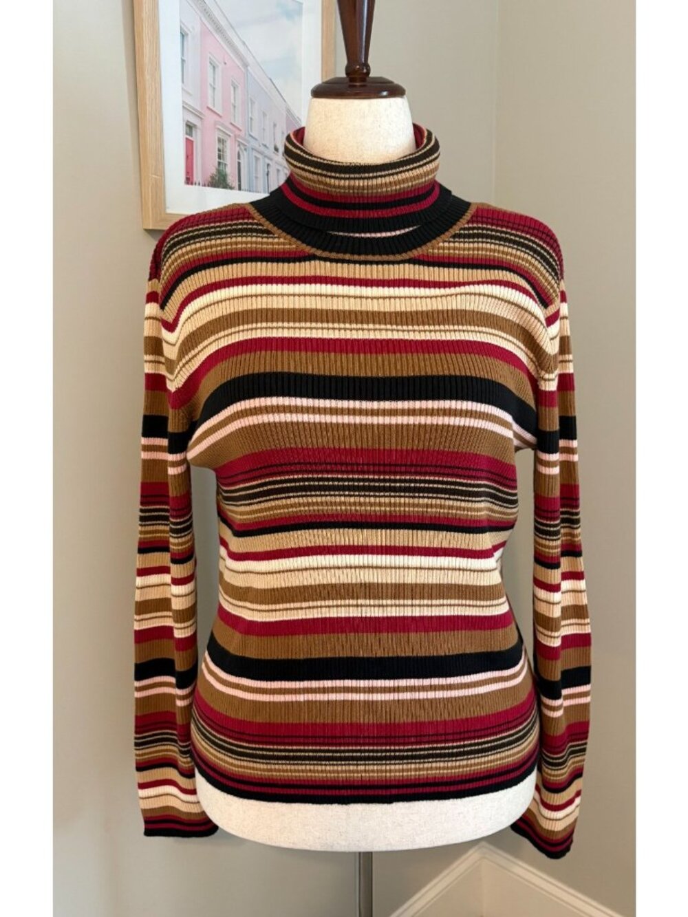 Vintage Telluride Clothing Co XL Striped Ribbed Cotton Turtleneck Sweater Y2K